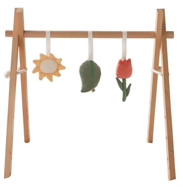 Babiem® Babygym George – Holz-Babygym mit 3 Spielzeugen aus Bio-Baumwolle – Babyspielzeug ab 0 Monaten – Geschenkidee – Elegante Geschenkbox