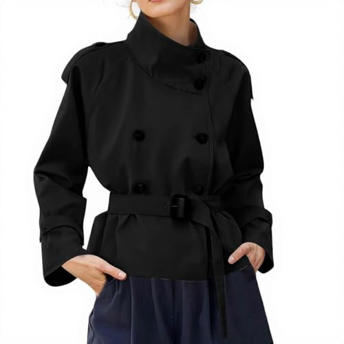 Ansenesna Übergangsjacke Damen Elegant Trenchcoat Kurz Mit Gürtel Wintermantel Ohne Kapuze Stehkragen Jacke Mantel Frauen Vintage Zweireihig Herbstjacke Kurzmantel Übergang Damen-Mäntel