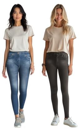ShopINess Confezione da 2 Jeggings Slim Leggings da Donna Taglia Aderente Stile Jeans Blu e Nero Senza Cuciture (S-M)