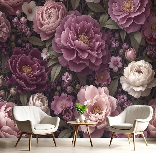 Carta Da Parati 200X140Cm Fiori Di Peonia Fotomurali Seta Murale Alla Decorazione Da Muro Xxl Poster Cameretta Per Camera Da Letto Soggiorno Piante Alla Moda 3D Pittura Rosso Bianco