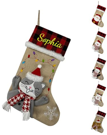 2025Personalisierte Weihnachtsstrümpfe, Premium Baumwolle, Rot-Beige Kariert, Santa und Schneemann Design, Wiederverwendbar mit Individuellen Namen