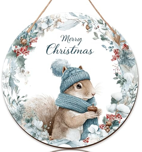 Panneau de bienvenue en forme d'écureuil pour porte d'entrée, gland d'hiver, houx de Noël en bois bleu pour porche extérieur, décoration de porche à suspendre