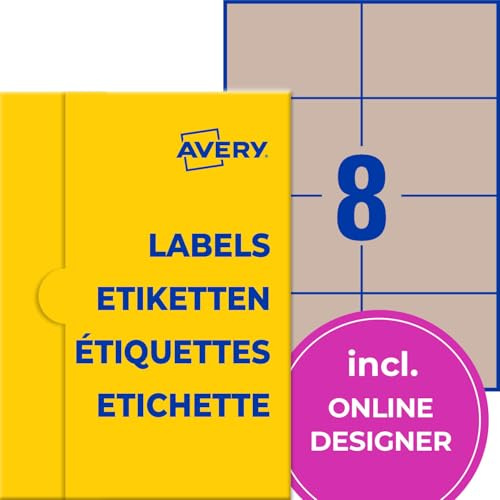 AVERY Zweckform Kraftpapier Etiketten (80 Aufkleber zum Bedrucken, 105x74mm auf A4, selbstklebend, Recycling Etiketten, nachhaltige Produktaufkleber) 10 Blatt, naturbraun