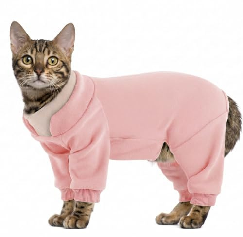 Hjumarayan Återhämtningsdräkt för katter, övervårdande dräkt med ben, katt onesie klibbig hårdräkt efter kirurgi, full täckning varm fleece-klänning för att sluta slicka, rosa S
