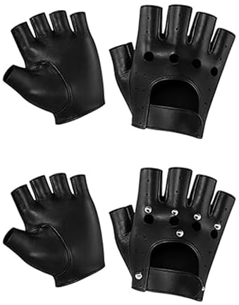 HolooVeranillo 2 Pairs Black Leather Fingerless Punk Gloves for Men