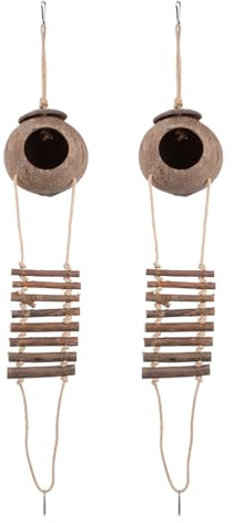 FRCOLOR 2pcs Reptile Hideout Decorative Nesting Box Hanging Installation with Ladder Natural Coconut Shells Wood Habitat for Indoor Habitats and Outdoor Gardens Suitable for Parrots