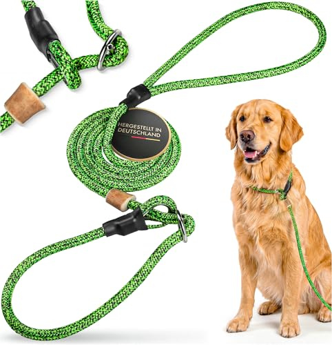 Themahund Moxonleine mit Zugstopp & Handschlaufe, 6 mm, 140 cm, Grün | Geweih-Stopper handgefertigt, Retrieverleine & Schlupfleine für Training, Jagd & Hundeschule