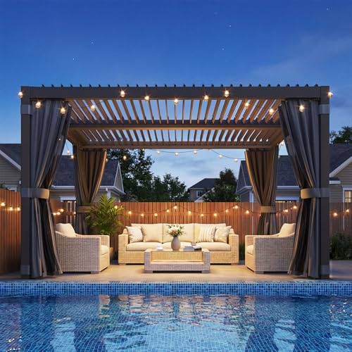 Lamellen-Pergola 3x3,6 m, Terrassenüberdachung aus Aluminium und Stahl mit verstellbarem Lamellendach, Gartenpavillon mit Wasserdichten Vorhängen und Insektenschutznetzen, Schwarz