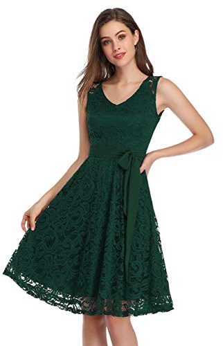 KOJOOIN Robe en dentelle pour femme - Robe de demoiselle d'honneur - Élégante longueur genou - Pour cocktail (emballage multi-directions), vert foncé, S