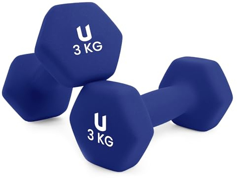 unycos - Set di 2 Manubri Antiscivolo in Neoprene, Coppia di Pesi Esagonale da 3 kg per Uomini/Donne, Nucleo in Ghisa, Allenamento della Forza, Fitness, Palestra in Casa (Blu)