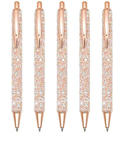 Gullor Kugelschreiber, Glitzer-Click-Kugelschreiber, schwarze Tinte, mittlere Spitze, 1 mm, für Bürobedarf, Geschenk, Hochzeit, Geburtstag, Gold, 5 Stück