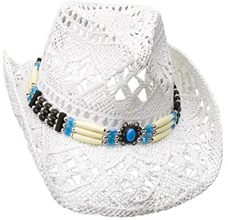 Westernwear Western Style Sommer Strohhut mit Perlen-Hutband in verschl. Farben (Weiß, 1 (55-57 cm))