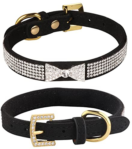 LOVPE Hundehalsband, Katzenhalsband, glitzernde Kristall-Diamant-Schleife, goldene Schnalle, hochwertiges Samt-Leder mit glitzernden Strasssteinen, Halsband für Welpen, mittelgroße Katzen, Hunde (XS,