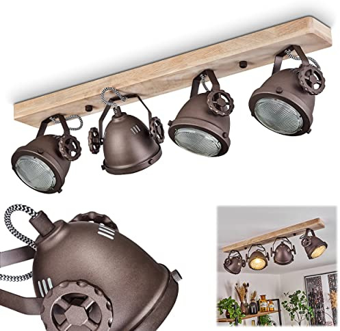 Deckenleuchte Herford, verstellbare Deckenlampe aus Metall/Holz/Glas in Dunkelbraun/Natur/Klar, 4-flammig, 4 x GU10-Fassung, dreh- u. schwenkbarer Spot im Industrial Design, ohne Leuchtmittel