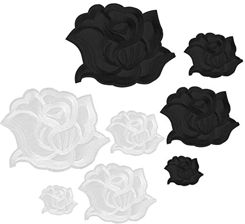 Grevosea 8 Stück Schwarz Rosen Applikationen Patch Blumen Rose Patches Zum Aufbügeln Rose Gestickte Aufnäher Rose Napplikationen Reparatur Patches für Kleidung Hüte Schuhe Taschen(weiß Und Schwarz)