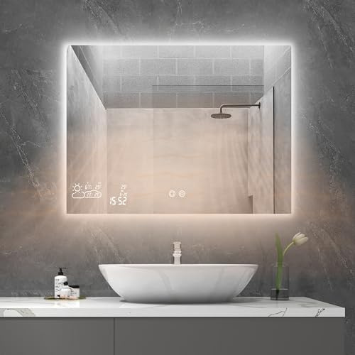 byecold Badspiegel mit LED Beleuchtung 80x60CM, Spiegelheizung mit Wetterstation, WiFi & Touch-Schalter, Bad Beschlagfrei Spiegel Heizung, Horizontal