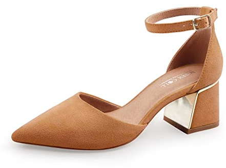 BCTEX COLL Womens Pointed Toe Pumps Shoes Ankle Strap Chunky Low Heels Metal Lined Sandals Designed for Women(cam7.5)
