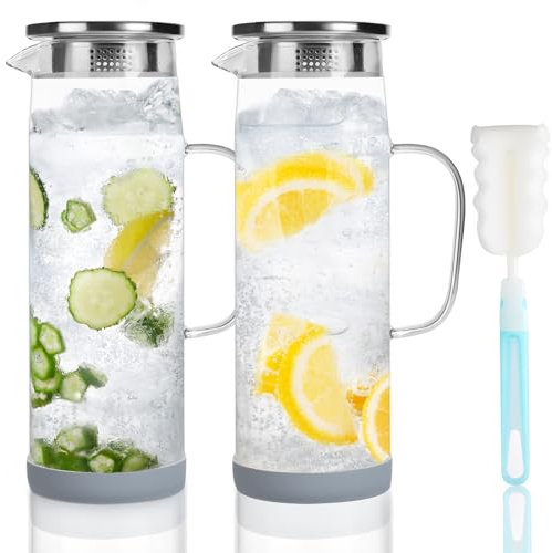 CUCUMI Jarra de vidrio de 50 onzas con tapa de acero inoxidable, Jarra Cafetera de 1,5 litros resistente al calor para té helado, leche, café, jugo