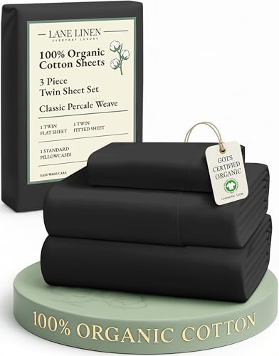 LANE LINEN 100% Organic Cotton Twin Bed Sheet Set, 3 Pc Twin Size Sheets Set, Soft & Breathable Twin Sheet Set Boys, Hotel Style Bedding Sheets & Pillowcases, 15 Deep Fitted Sheet - Black