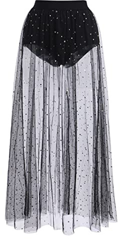 Odizli Rave Outfits Women Festival Clubbing Sexy Y2K Glitter Star Sequins Gothic Tulle 2 in 1 See Through Sheer Mesh Shorts High Waist Ruffle Maxi Beach Skirt Teenager Girls Party Streetwear Black S