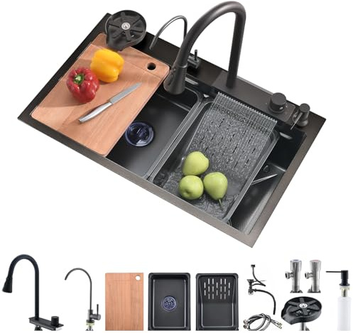 Bokaiya Fregadero de Cocina, Cascada de Acero Inoxidable Raindance Nano Fregadero, Multifuncional con Grifo Extraíble, Tabla de Cortar, Lavavasos, Rainfall Fregadero Cocina 1 Seno 68x45x21cm (Negro)