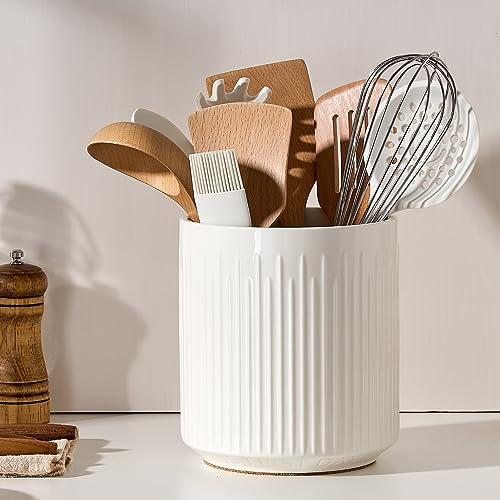 JIEMEI HOME – Grand pot à ustensiles de cuisine stable en céramique de 18,3 cm pour comptoir de cuisine, porte-ustensiles avec tapis en liège, séparateur amovible en bambou pour faciliter la