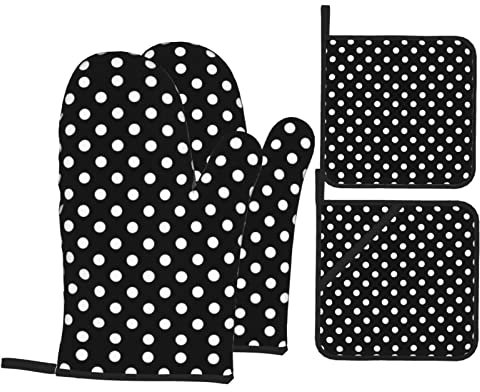 Topflappen, Grillhandschuhe zum Kochen, Backen und Grillen, Schwarz und Weiß gepunktet