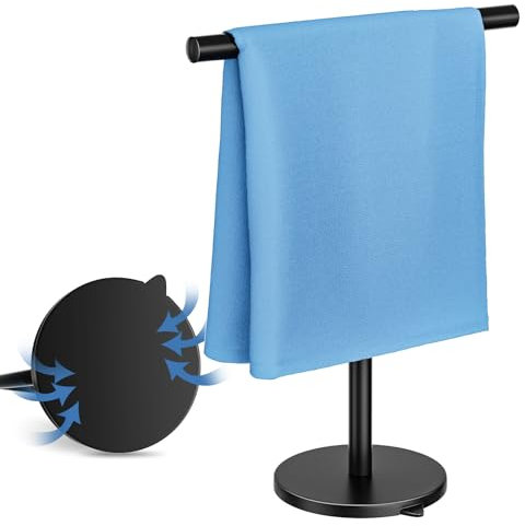 ANMEISH Hand Towel Holder Stand Black,T-Shape Fingertip Towel Rack Stainless Steel, Free-Standing Towel Stand with Suction Cup Base, Rust-Proof for Bathroom Vanity Countertop