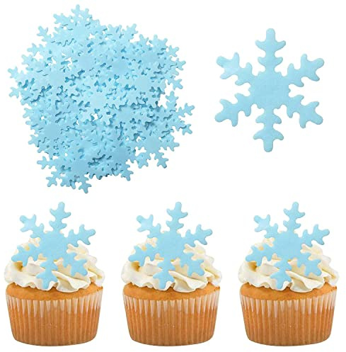 Morofme Bule Edible Snowflake Cupcake Topper 50 Pcs, Edible Frozen Cake Toppers, Snowflakes Cake Decoration for Wedding, Baby Shower, Birthday, Christmas, Winter Theme Party Cupcake Decorations