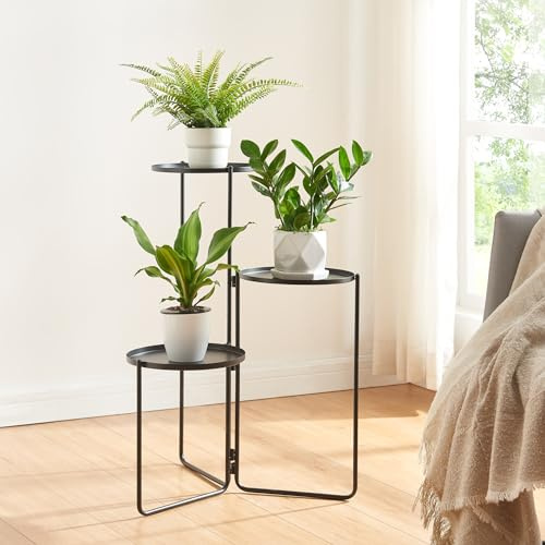 [en.casa] Blumenständer Ostre Pflanztisch Pflanzenständer mit 3 Ablagen Blumentreppe Metall Pflanzregal Schwarz 70 x 48 x 25 cm