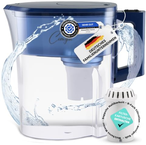 Wasserfilterkann 2,4L mit 8-fach Filtersystem - pH-otimiertes Trinkwasser - reduziert Kalk, Chlor und vieles mehr - inkl. 60-Tage Filterkartusche (Blau)
