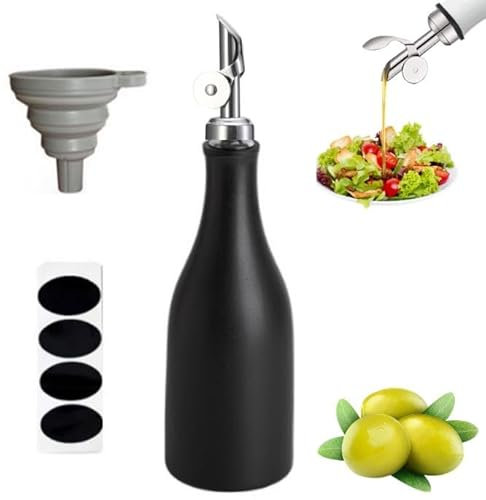 300ml Olivenöl Spender Keramik, Ölspender Keramik Weiß Keramik Ölspender Ölspender Keramik mit Ausgießer Etikettenaufkleber Trichter, für die Lagerung von Öl, Essig und anderen Flüssigkeiten (Schwarz)