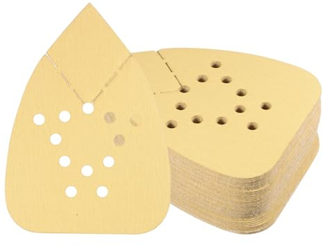 Kozelo 50 Feuilles Papier Verre pour Ponceuse Souris 150 Grains 3,7 x 5,3 Plaquettes Ponçage Triangulaires Boucle Tricots Assortis pour le Polissage du Bois 12 Trous Oxyde d'Aluminium