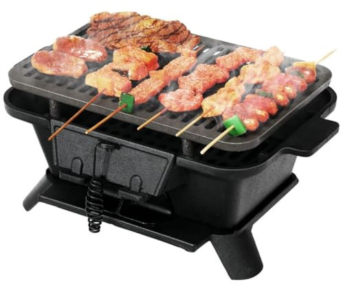 SPOTRAVEL Cast Iron Charcoal Grill, Portable Tabletop BBQ Griller with Double-Sided Grill Grid, Air Control & Coal Door, Outdoor Charcoal Barbecue Grill for Camping Picnic Party