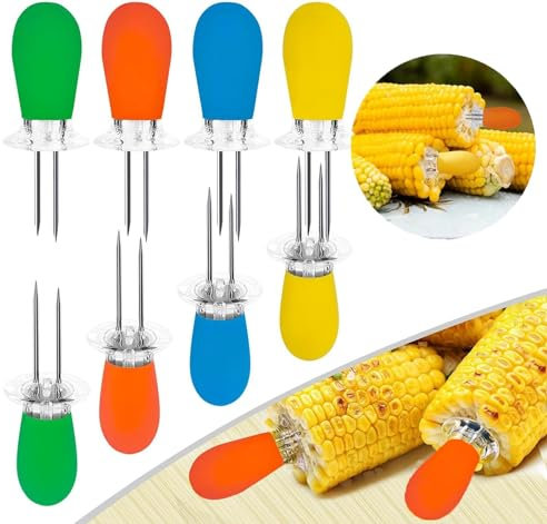 16 Pcs/8 Pairs Sweetcorn Holders, with Multi-Colour Silicone Handle Interlocking Double BBQ Fork Skewers for Home Cooking Parties Camping & Convenient Butter Spreading Tool (4 Colors)
