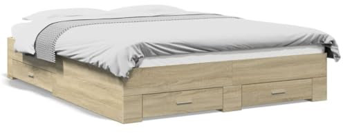 AJJHUUKI Home Items, Bettgestell mit Schubladen, Sonoma-Eiche, 140 x 200 cm, Holzwerkstoff, Anzugmöbel