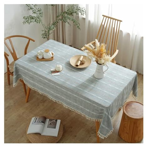 BCughia Tischdecke 140x220CM Rechteckig, Tischdecken Wasserabweisend Polyester Streifen Hohl mit Quasten Tischbedeckung für Küche Esstisch Dekoration, Blau Grau