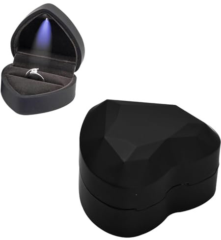 Shengxi Ringbox hochzeit mit LEDLicht, 7.2×6.6×4.5cm Herz Ringkästchen Ringschatulle mit Samt Interieur für Verlobung Antrag Hochzeit, Schmuck Präsentationsbox für Valentinstag Jahrestag, Schwarz