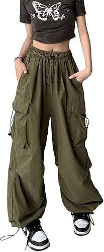 YINGWIN High Waisted Harajuku Casual Pants Travel Y2K Loose Trousers Women's Combat Trousers Gothic Steampunk Drawstring Leggings Waist Green