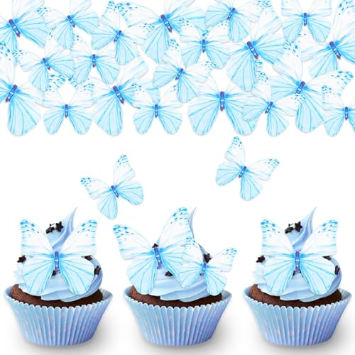 DazzJoy 50 Stück Essbare Tortendeko Schmetterling, Blau Essbare Schmetterlinge für Torte, Schmetterling Kuchen Deko Essbar, Esspapier Tortendeko Essbar Mädchen, Schmetterling Cupcake Topper