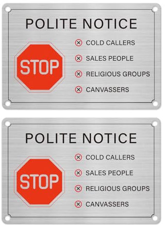 YIKIADA Polite Notice No Cold Callers Canvassers Salesmen Religious groups 100 x 150 mm Aluminum Sign Waterproof Self Adhesive Reflective Signal for Front Door Window 2PCS