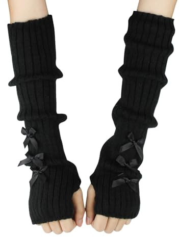 Feelorna Manchettes pour femme, tricotées douces, à manches longues, mitaines avec trou pour le pouce, mode féminine mignonne Y2k Nœud papillon chauffe-poignets pour l'automne et l'hiver, Noir