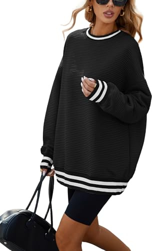 Famulily Damen Übergröße Herbst Winter Sweatshirts Langarm Pullover Tops Lässig Rundhalsausschnitt Gestreiftes Top, Schwarz , L