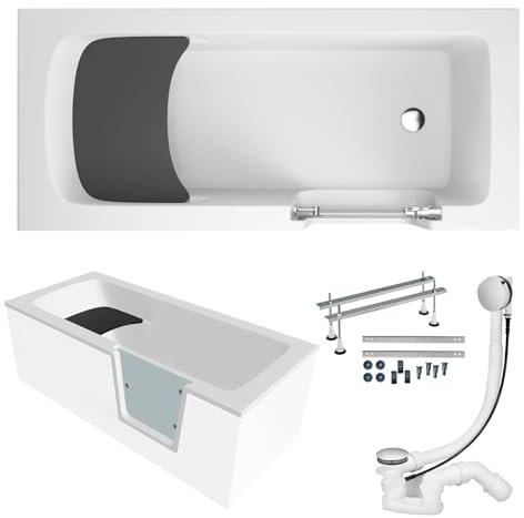 KOLMAN KOMPLETTSET 5in1 Acryl Weiß Wanne Badewanne Rechteck 160x75 cm, Seniorenbadewanne mit Glastür und Holzsitz AVO Rechts, Made in EU, Premium Ablaufgarnitur in Chrom & Wannenfüße