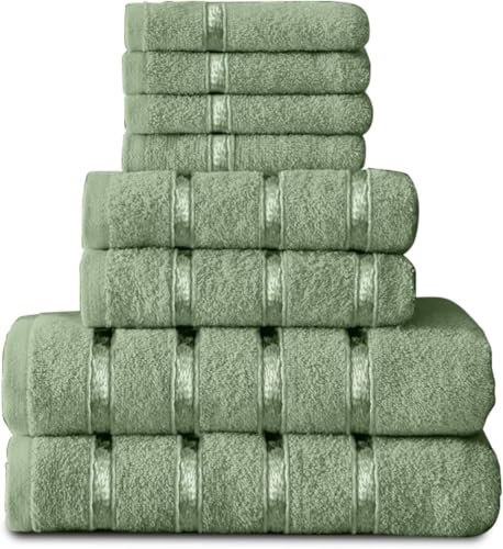 GC GAVENO CAVAILIA Set di 8 asciugamani super morbidi in cotone egiziano, ad asciugatura rapida, altamente assorbenti, colore verde salvia (4 asciugamani per il viso + 2 asciugamani + 2 asciugamani da