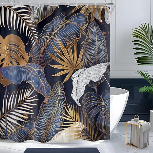 Cinbloo Navy Blue Shower Curtain 60Wx72H Tropical Shower Curtain Abstract White Gold Palm Leaves Hawaiian Monstera Bathroom Curtain Modern Botanical Brown Plant Bathroom Decor Fabric 12 Hooks