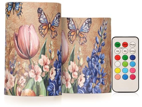 famyily Flowers Flower Hyacinths Butterflies Bees Rose Gold Flameless Pillar Candle Led Pillar Candles with Timer for Home Decor 4 5 Set of 2