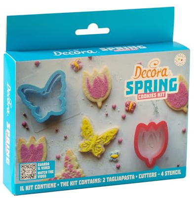 Decora 0255234 Set décoratif Printemps, 2 emporte-pièces Tulipe et Papillon et 4 pochoirs décoratifs, idéal pour créer des biscuits décorés tridimensionnels, fabriqués en Italie, lot de 6 pièces.