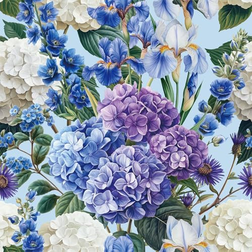 CHDITB Colorful Hydrangea Flowers Wallpaper,Floral Wallpaper Self Adhesive(44x300cm),Blue Hydrangea Iris Wildflowers Wall Paper Stick on,Vintage Flower Wall Stickers for Bedroom Kitchen Cabinets