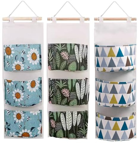 GIUSOBG Wand Hängen Tasche 3Pcs Hängetasche Hängend Aufbewahrungstasche Organizer Kinderzimmer mit 3 Taschen Hängeaufbewahrung für Kinderzimmer Badezimmer Schlafzimmer (Sonnenblume/Pflanze/Dreieck)